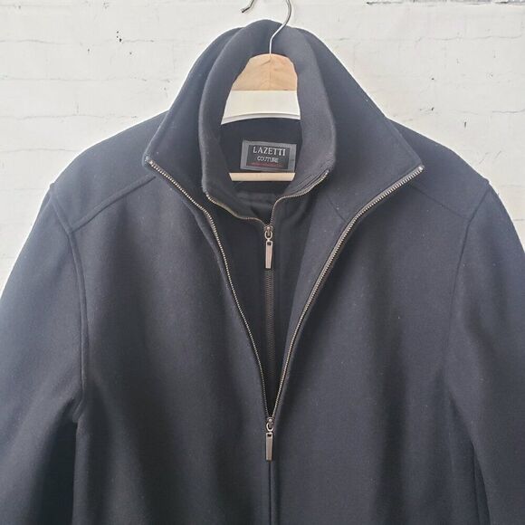 Lazetti Couture 100% Wool Coat Mens Size M Solid Black Full Zip Pockets Winter - Picture 2 of 10